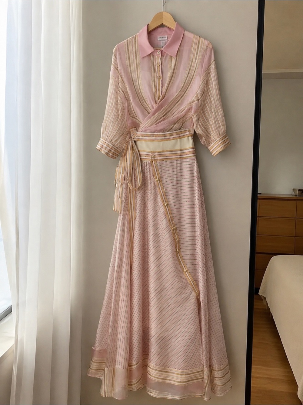 Zimmermann Blush and Gold Striped Wrap Maxi Dress